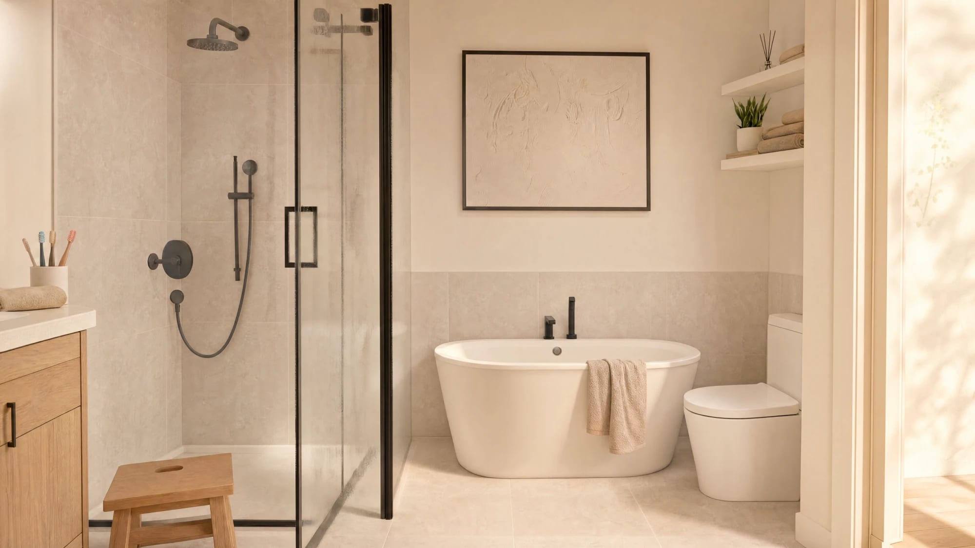Salle de bain lumineuse avec bain autoportant, douche vitrée, vanité en bois et petit tabouret, illustration