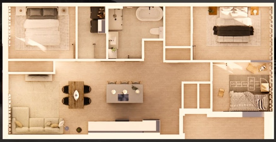Plan d’étage du Modèle B, 1 227 pi², vue de dessus : aire ouverte au centre, salle de bain en haut, trois chambres, rendu d’artiste